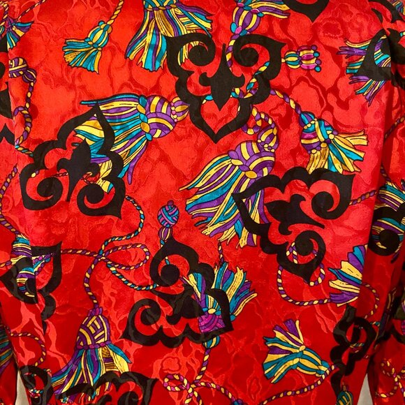 vtg 80s ADRIANNA PAPELL Red Tassel Print Silk Cocktail Dress Mod Wife Baroque 6 - Picture 6 of 10